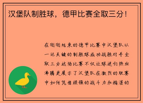 汉堡队制胜球，德甲比赛全取三分！
